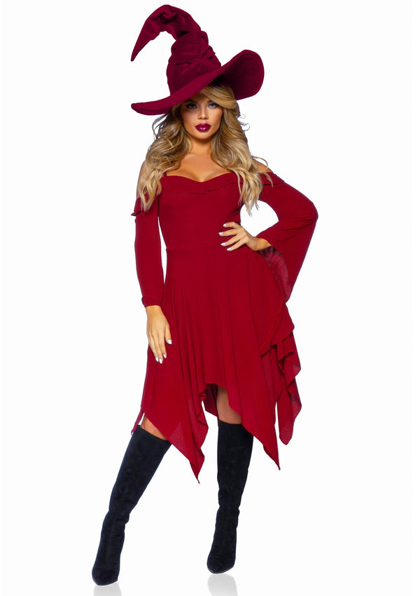 Bordeauxrotes mysteriöses Boho Kleid mit eleganten kalten Schultern von Leg Avenue – Ansicht 4