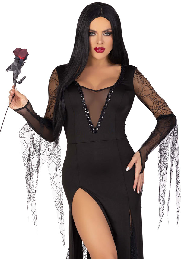 Kostüm - Morticia Addams mit Spinnweben-Netzstoff | Leg Avenue