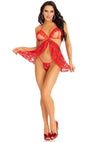 Rotes atemberaubendes zweiteiliges Babydoll Set mit aufregend offenen Cups von Leg Avenue – Ansicht 6