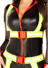 Schwarzer figurbetonter Feuerwehr Catsuit mit markanten Gurtdetails von Leg Avenue – Ansicht 2
