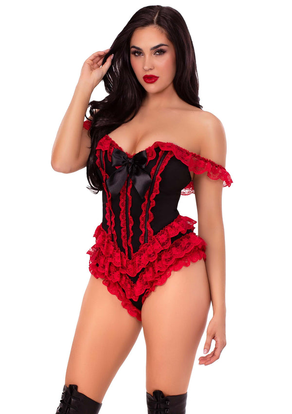 Elegantes Burlesque-Mieder mit roten Spitzenrüschen von Leg Avenue – Ansicht 3