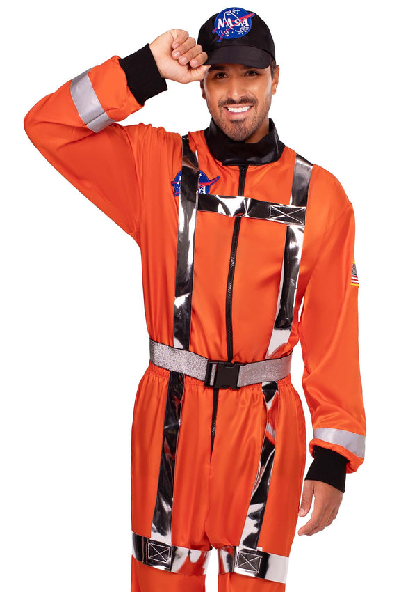 Oranger futuristischer Astronauten Overall mit holografischem Gurtzeug und Mütze von Leg Avenue
