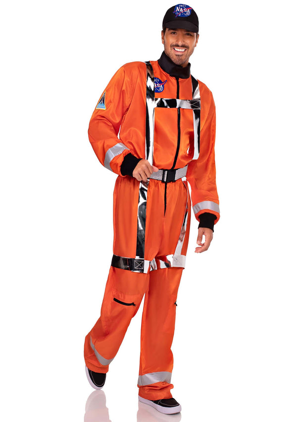 Oranger futuristischer Astronauten Overall mit holografischem Gurtzeug und Mütze von Leg Avenue – Ansicht 2