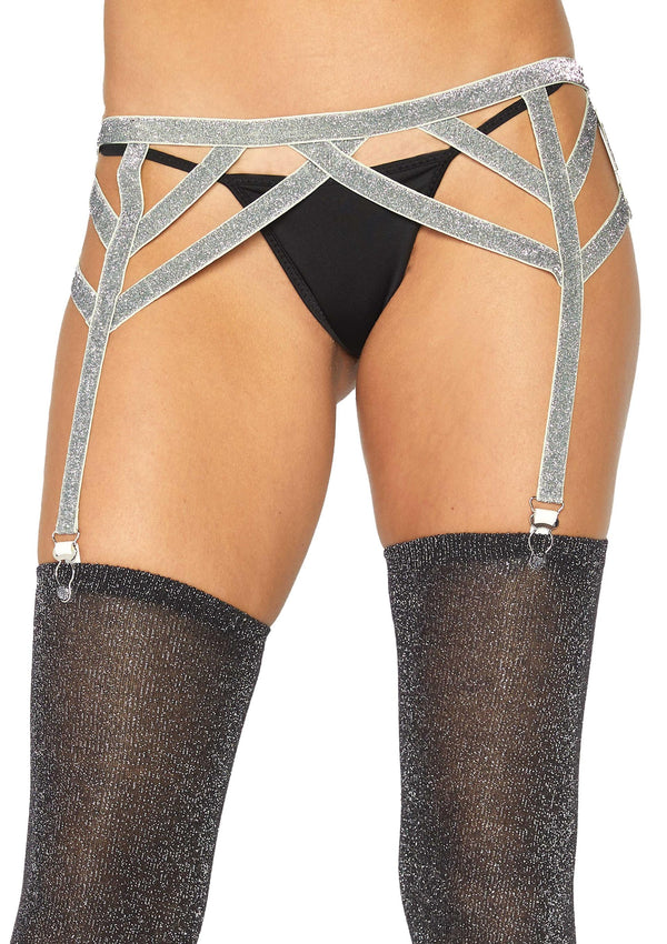 Silberner schimmernder Lurex Strumpfgürtel mit elastischer Passform von Leg Avenue