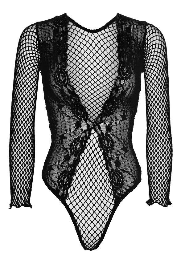 Tief ausgeschnittener langarm Netzbody Schwarz | Leg Avenue