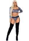 Silbernes funkelndes Lingerie Set mit langärmligem Crop Top und High Waist String von Leg Avenue – Ansicht 2