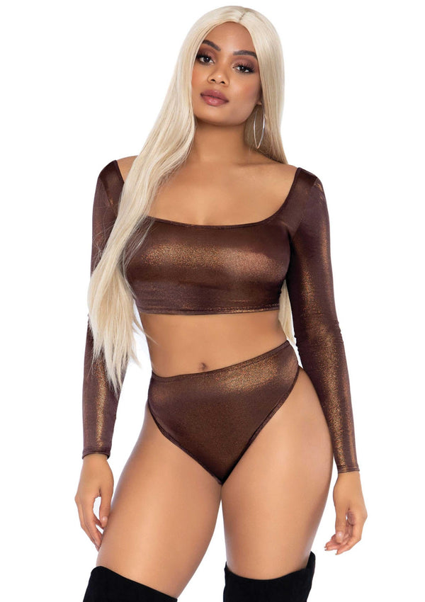 Bronzefarbenes funkelndes zweiteiliges Crop Top Set mit hohem Beinausschnitt von Leg Avenue