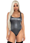 Silberner funkelnder Spandex Body mit quadratischem Ausschnitt und Tanga Schnitt von Leg Avenue