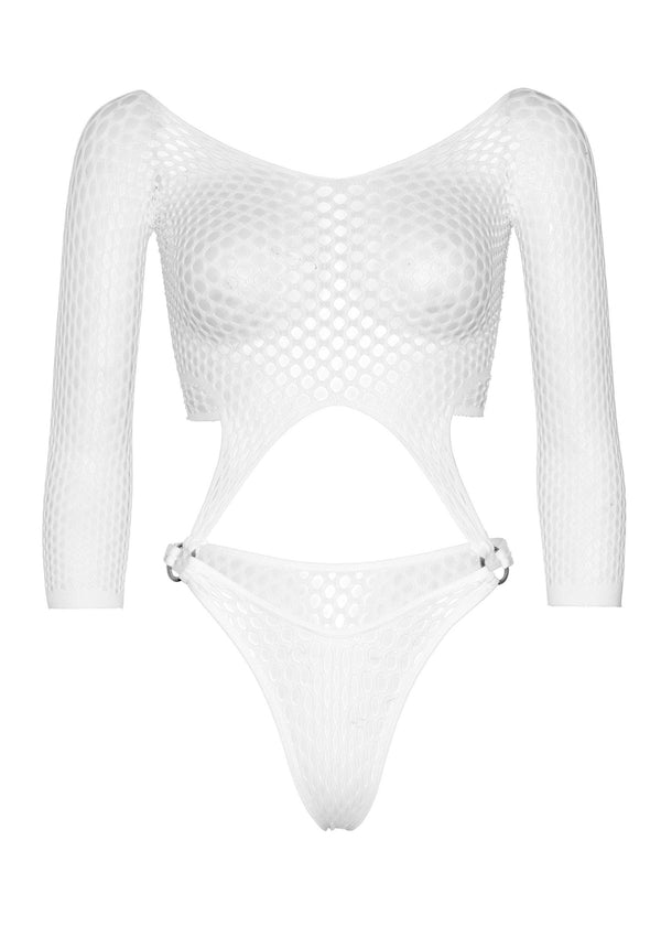 Weißer aufregender zweiteiliger Netz Bodysuit mit verführerischem Ring Detail von Leg Avenue – Ansicht 2