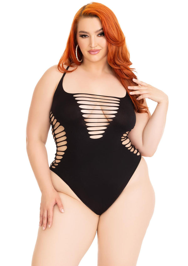 Schwarzer aufregender Bodysuit mit gewagten zerrissenen Details von Leg Avenue