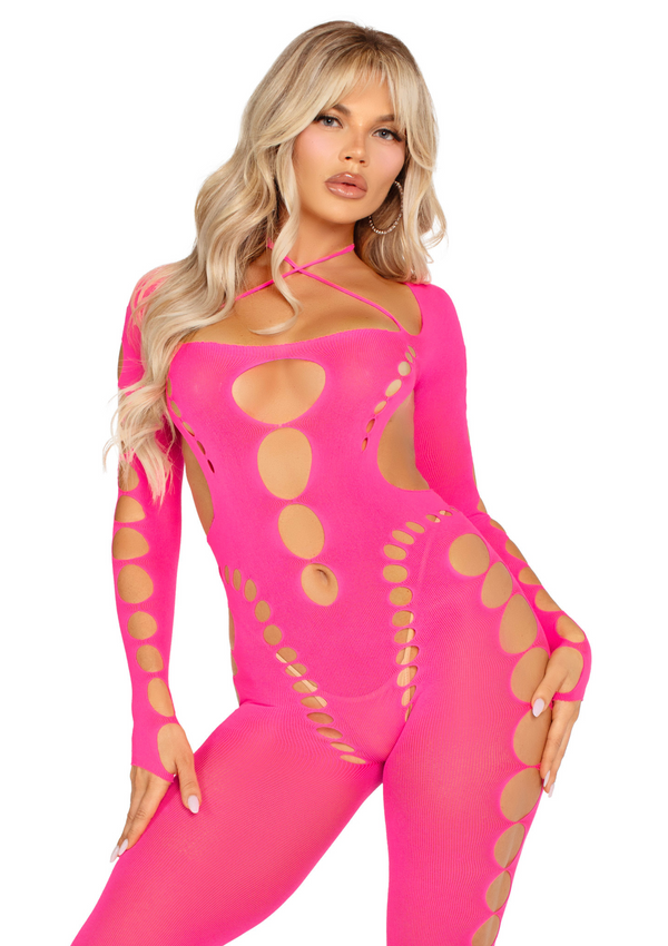 Neonpinker atemberaubender fußfreier Bodystocking mit aufreizenden Cut Outs von Leg Avenue – Ansicht 2