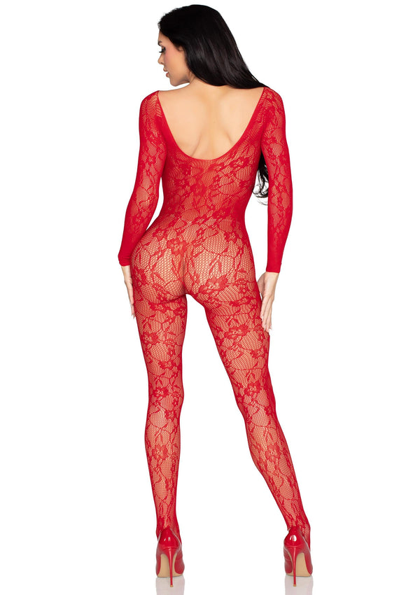 Roter hautenger Bodystocking aus verführerischer floraler Spitze von Leg Avenue – Ansicht 2