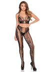 Schwarzes atemberaubendes zweiteiliges Spitzen Set mit halterlosem Netz Design von Leg Avenue – Ansicht 3