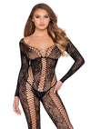 Schwarzer aufregender Bodystocking mit Netzbahnen und floraler Spitze von Leg Avenue – Ansicht 3