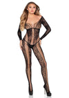 Schwarzer aufregender Bodystocking mit Netzbahnen und floraler Spitze von Leg Avenue
