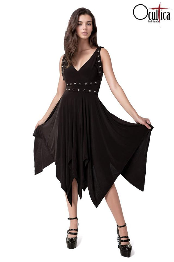 Ärmelloses Gothic-Partykleid mit Nieten und asymmetrischem Schnitt | Ocultica