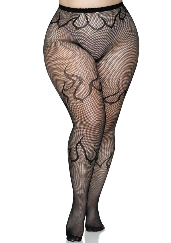 Schwarze verführerische Netzstrumpfhose mit feurigem Flammen Design von Leg Avenue – Ansicht 4