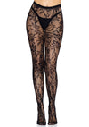 Schwarze sexy Nahtlosstrumpfhose mit floraler Spitze von Leg Avenue – Ansicht 4