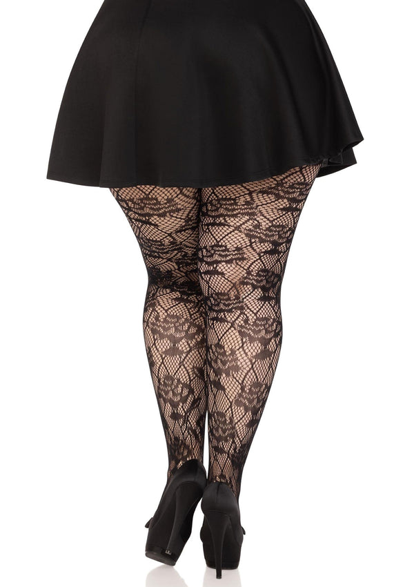 Schwarze erotische Netzstrumpfhose mit aufreizendem Rosendesign von Leg Avenue – Ansicht 3