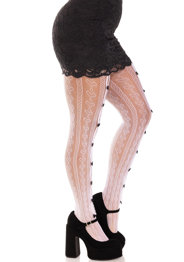 Weißer koketter Netz Bodysuit mit süßen Herz Motiven und Schleifendetails von Leg Avenue – Ansicht 2