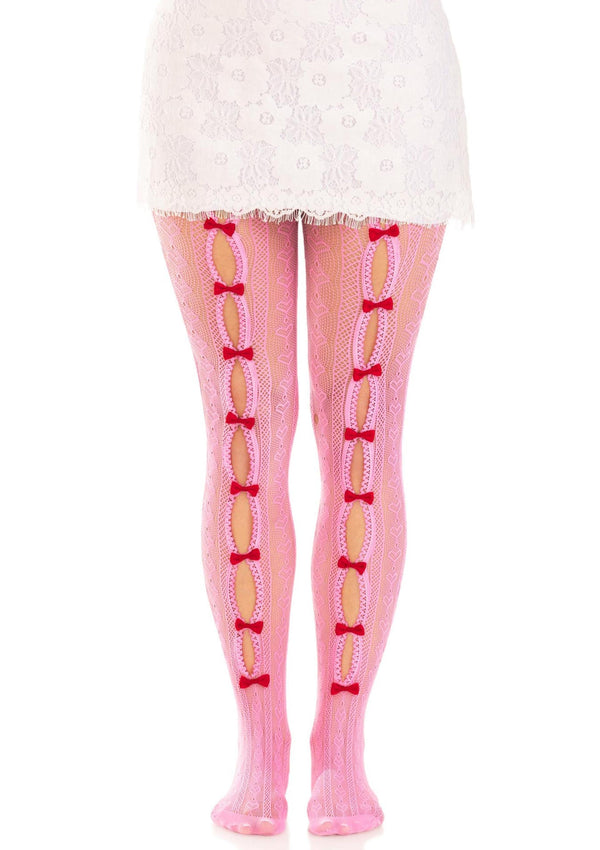 Pinke kokette Herz Netzstrumpfhose mit süßen Schleifen Details von Leg Avenue – Ansicht 3