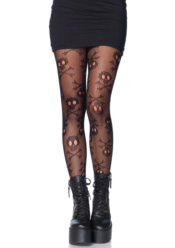 Schwarze gewagte Netzstrumpfhose mit aufwendig gewebtem Piraten Totenkopf Motiv von Leg Avenue