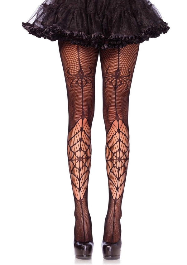 Schwarze reizvolle Netzstrumpfhose mit detailreichem Spinnennetz Muster von Leg Avenue