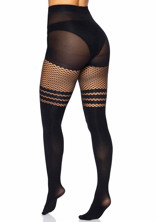 Schwarze sündige blickdichte Strumpfhose mit aufregenden gestreiften Oberschenkel Netzdetails von Leg Avenue – Ansicht 2