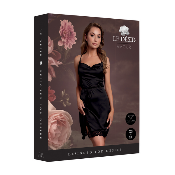 Schwarzes atemberaubendes Minikleid mit gekreuzten Trägern und edler Spitze von Le Désir by Shots – Ansicht 2