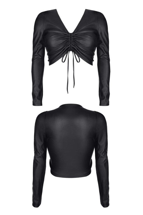 Verführerisches Kunstleder-Top BRAdriana001 mit Schnürung und langen Ärmeln | Demoniq