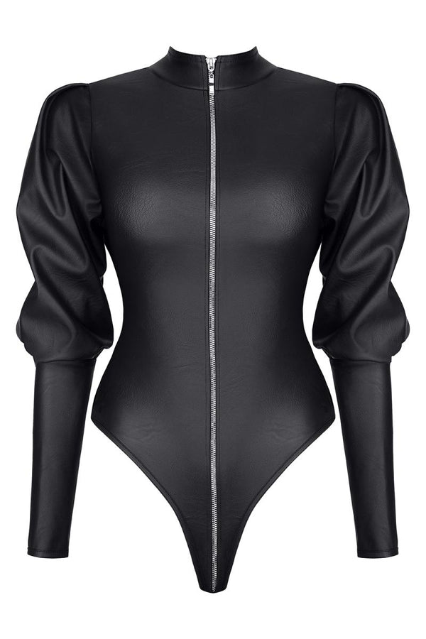 Schwarzer Body BRGiovanna001 aus Kunstleder mit Reißverschluss | Demoniq