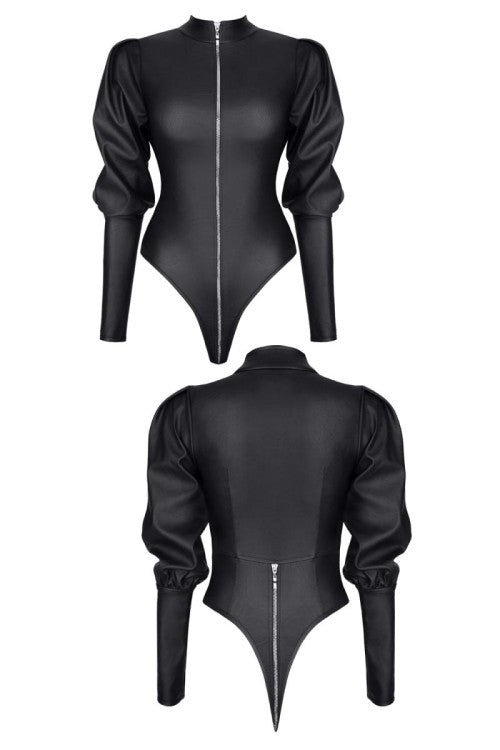Schwarzer Body BRGiovanna001 aus Kunstleder mit Reißverschluss | Demoniq