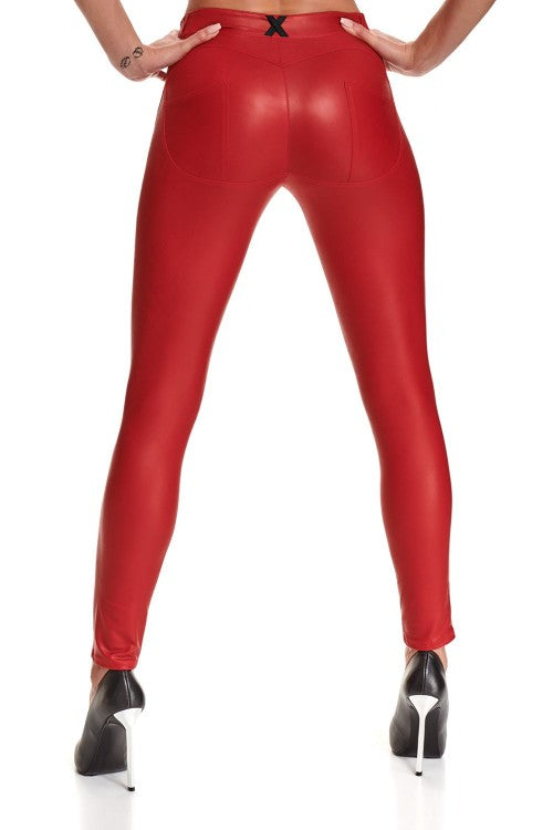 Rote Wetlook Leggings BRLidia001 mit Gürtelschlaufen | Demoniq
