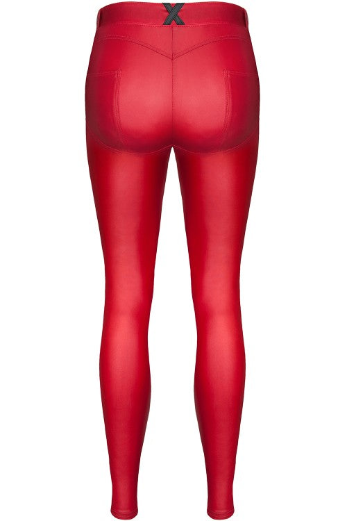 Rote Wetlook Leggings BRLidia001 mit Gürtelschlaufen | Demoniq