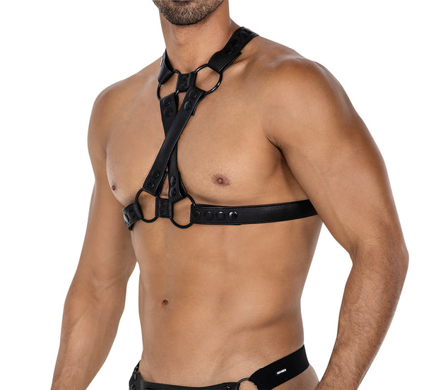 Herren-Brust-Harness mit Metallringen und Druckknöpfen Schwarz | CUT4MEN