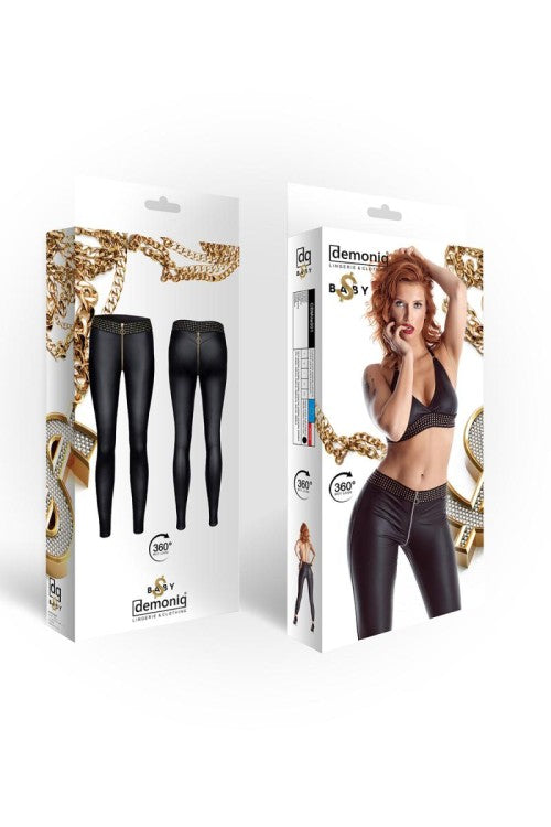 Schwarze Wetlook Leggings CBMila001 mit goldenem Reißverschluss | Demoniq