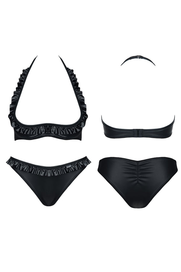 Erotisches Wetlook Set Mia - Schwarzer Unterbrust-BH & Slip | Demoniq