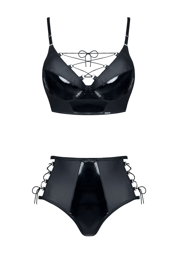 Jessica Set - Edles Wetlook & PVC Dessous Set in Schwarz | Demoniq