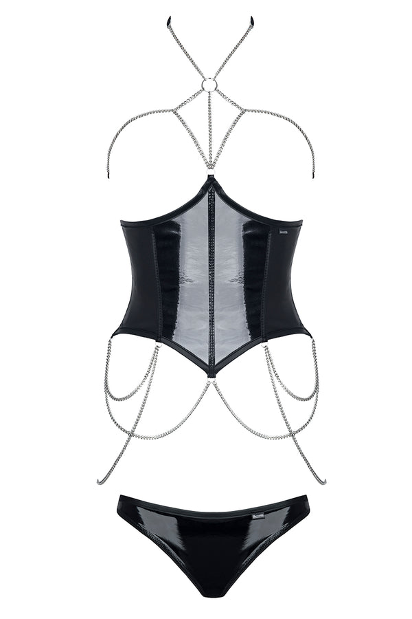 Nikoletta Set - Edles Wetlook & PVC Korsett mit Panty | Demoniq