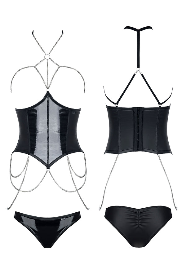 Nikoletta Set - Edles Wetlook & PVC Korsett mit Panty | Demoniq