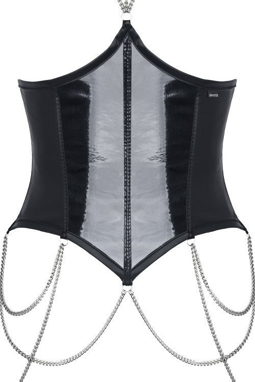 DE443 Erotisches Wetlook-Set mit Korsett, Jacke und Panty | Demoniq