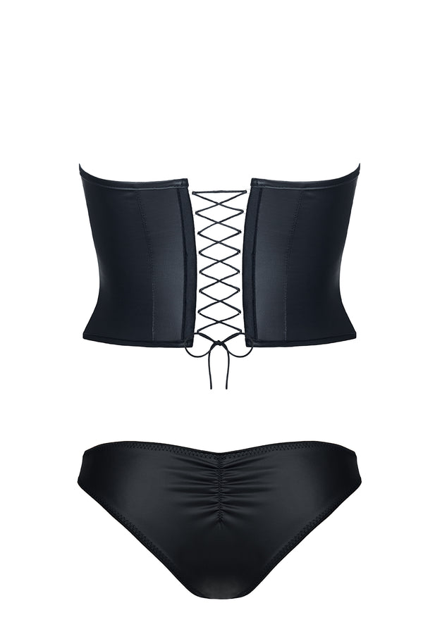 Erotisches Wetlook Set DE453 mit PVC Details - Sexy Top & String-Tanga in Schwarz | Demoniq
