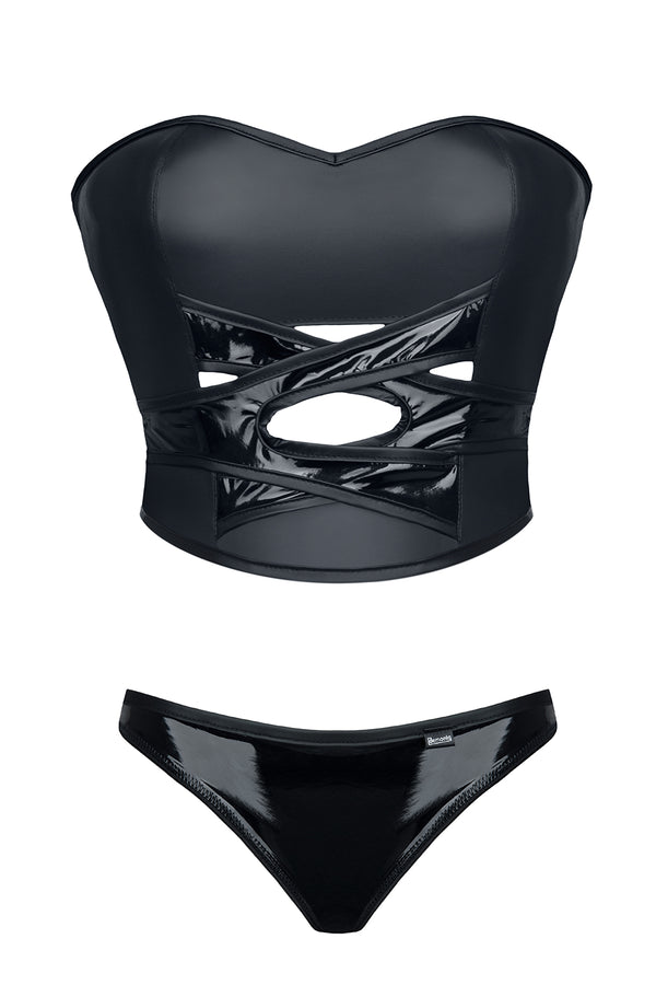 Erotisches Wetlook Set DE453 mit PVC Details - Sexy Top & String-Tanga in Schwarz | Demoniq