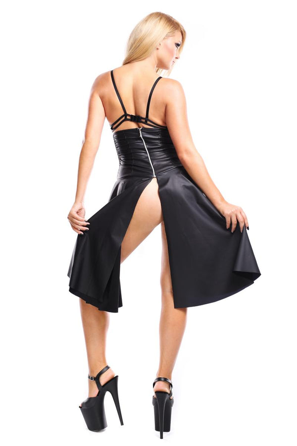 Schwarzes Wetlook Set mit BH & Unterbrustrock DDSelene001 | Demoniq