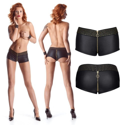 Sexy Wetlook Shorts CBMichelle001 in Schwarz mit Goldakzenten | Demoniq