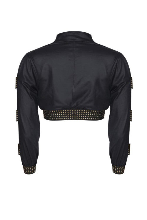 Schwarze Wetlook Kurz-Jacke CBMartha001 im 90er Style | Demoniq