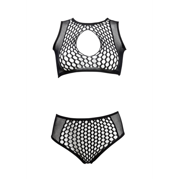 Schwarzes verführerisches Netzset mit bauchfreiem Top und Taillenslip von Le Désir by Shots – Ansicht 14