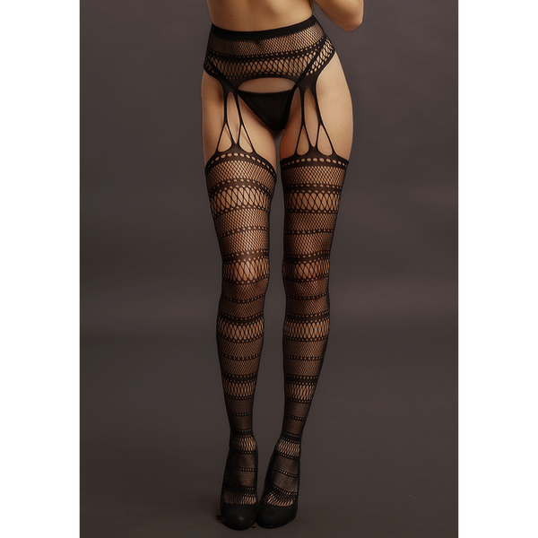 Schwarze verführerische Strapsstrumpfhose mit elegantem Streifenmuster von Le Désir by Shots – Ansicht 5