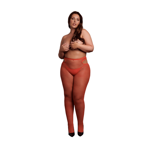 Rote schimmernde Cutout Strumpfhose mit goldenem Glitzereffekt von Le Désir by Shots – Ansicht 5