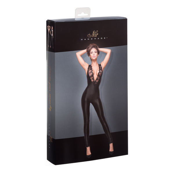 Schwarzer Powerwetlook Overall mit Spitzendetails, 2-Wege-Zip F167 | Noir Handmade